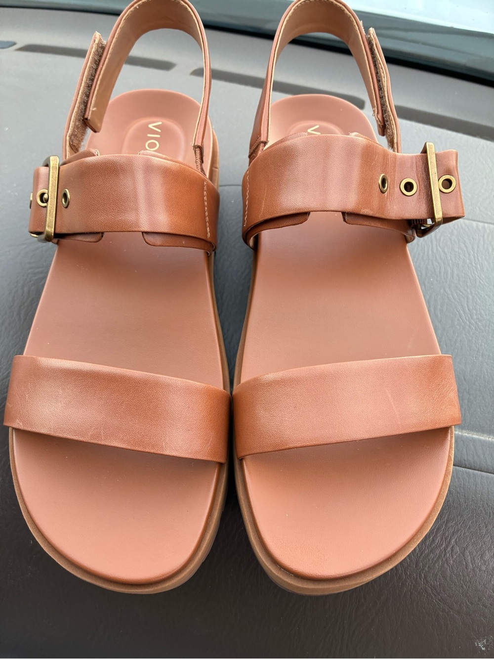 Vionic Tan Platform Slingback Sandals with Gold Buckle - Picture 3 of 10